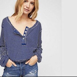 We The Free People Hong Kong Tee Long Sleeve Stripe Henley Blue White
